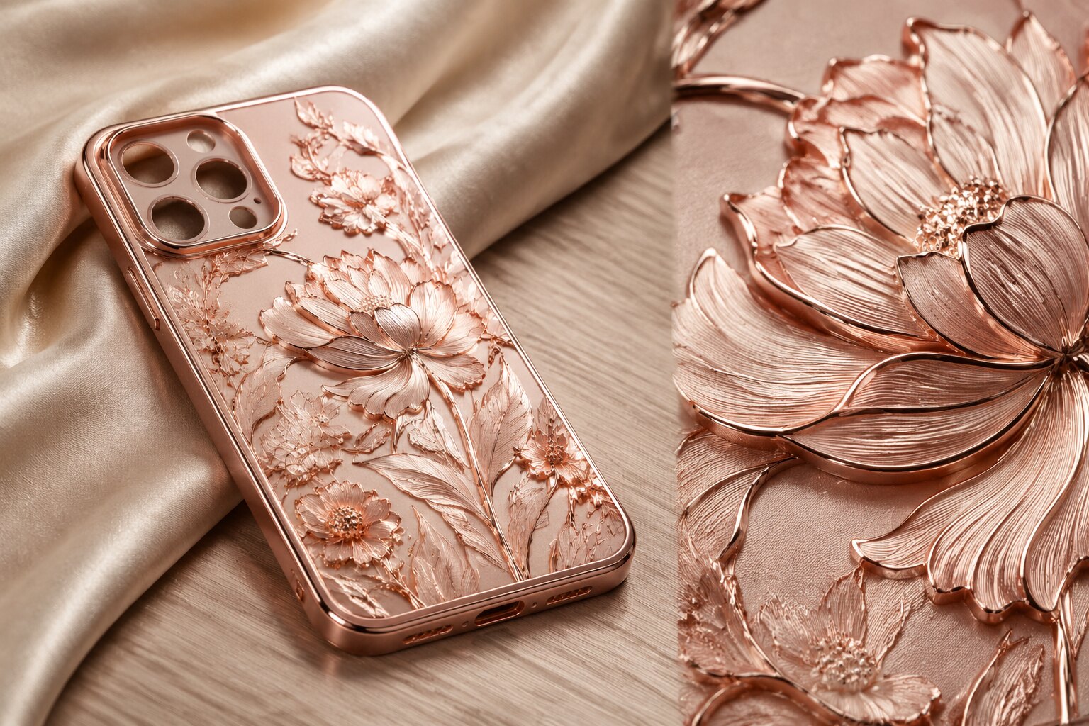 Rose-gold metallic art finish on a floral phone case